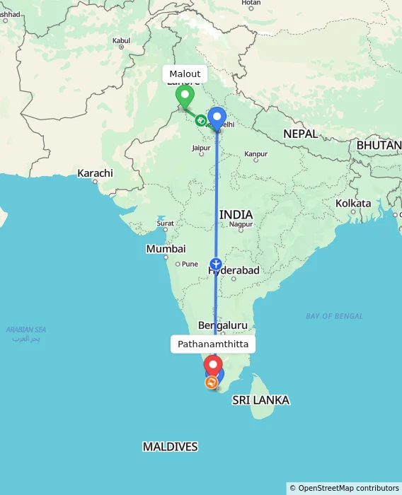 Route map showing distance and travel time from Malout, India to Pathanamthitta, India