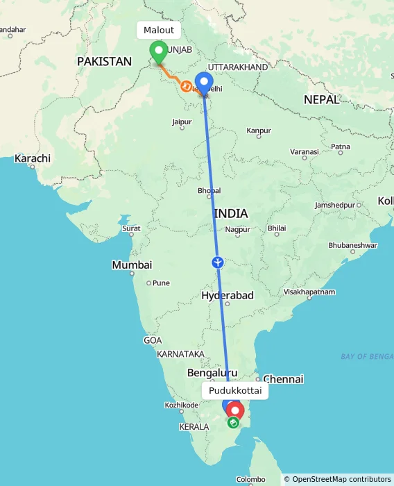 Route map showing distance and travel time from Malout, India to Pudukkottai, India