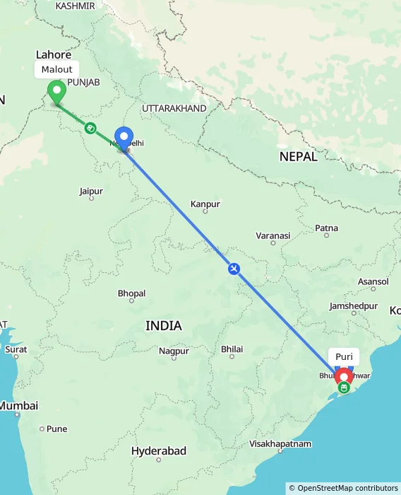 Route map showing distance and travel time from Malout, India to Puri, India