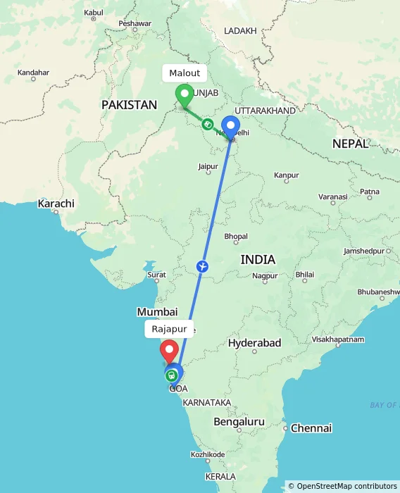 Route map showing distance and travel time from Malout, India to Rajapur, India