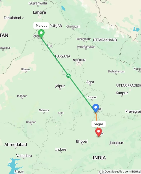 Route map showing distance and travel time from Malout, India to Sagar, India