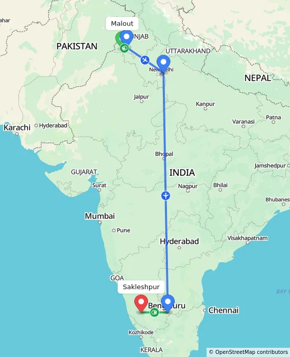 Route map showing distance and travel time from Malout, India to Sakleshpur, India