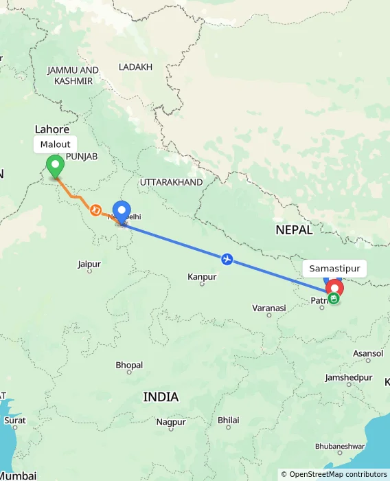 Route map showing distance and travel time from Malout, India to Samastipur, India