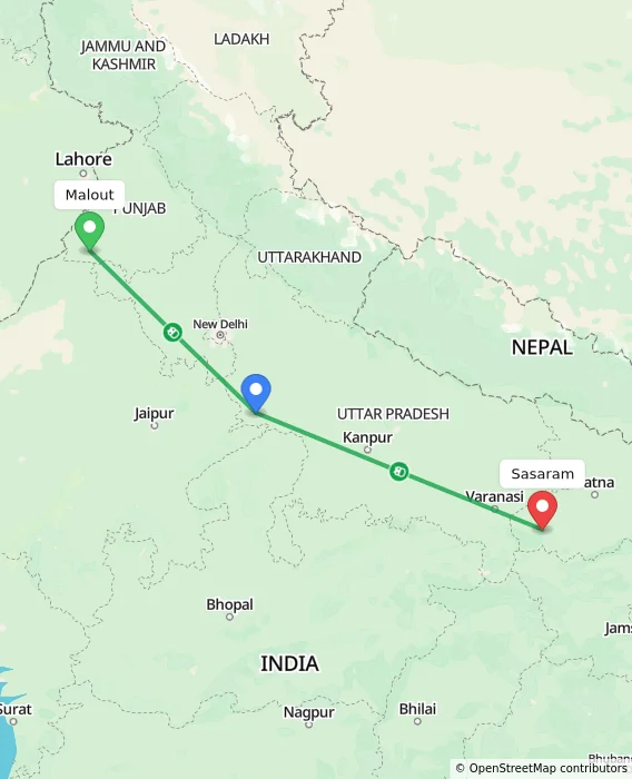 Route map showing distance and travel time from Malout, India to Sasaram, India