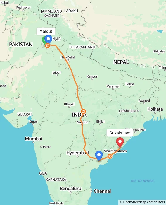 Route map showing distance and travel time from Malout, India to Srikakulam, India