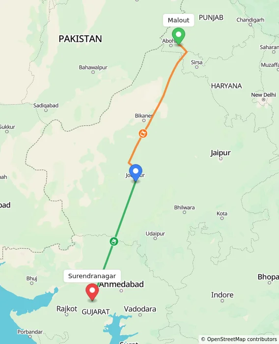 Route map showing distance and travel time from Malout, India to Surendranagar, India