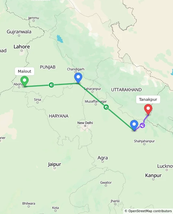 Route map showing distance and travel time from Malout, India to Tanakpur, India