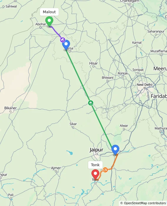 Route map showing distance and travel time from Malout, India to Tonk, India