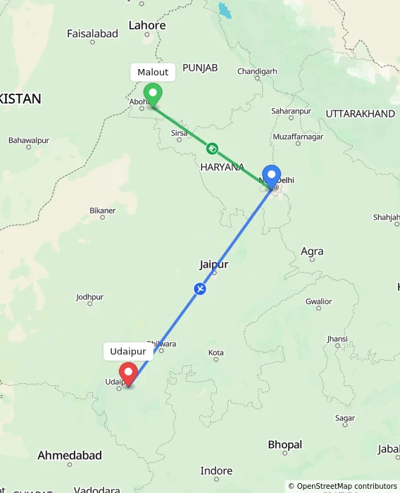 Route map showing distance and travel time from Malout, India to Udaipur, India