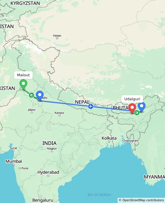 Route map showing distance and travel time from Malout, India to Udalguri, India