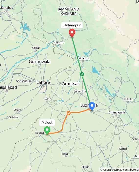 Route map showing distance and travel time from Malout, India to Udhampur, India