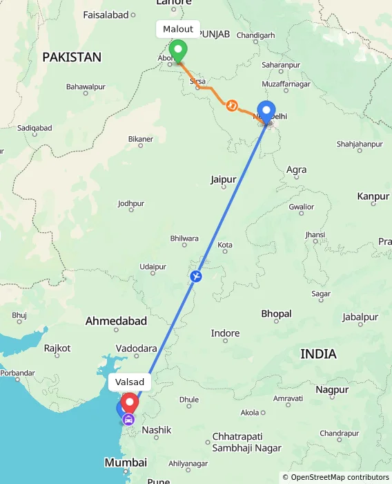 Route map showing distance and travel time from Malout, India to Valsad, India