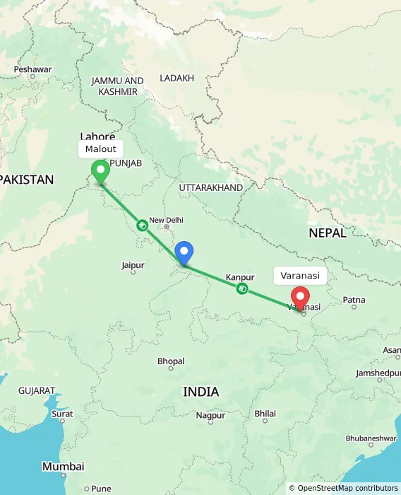 Route map showing distance and travel time from Malout, India to Varanasi, India