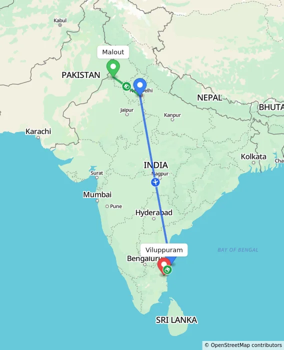 Route map showing distance and travel time from Malout, India to Viluppuram, India