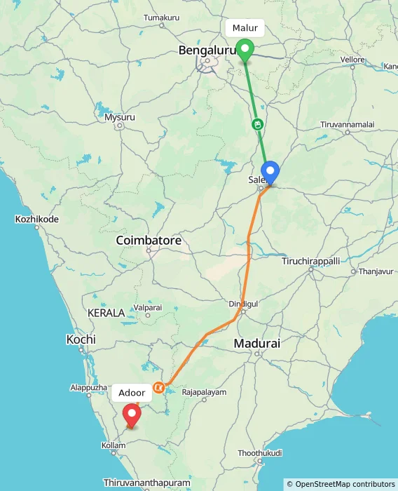 Route map showing distance and travel time from Malur, India to Adoor, India
