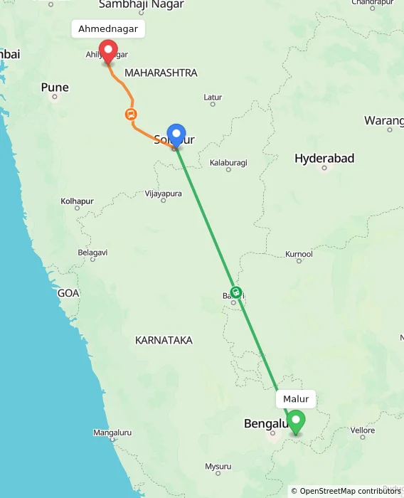 Route map showing distance and travel time from Malur, India to Ahmednagar, India