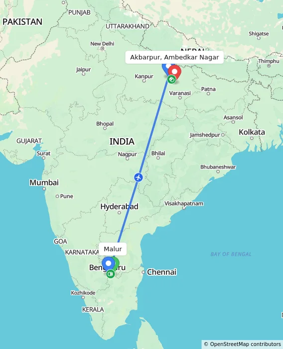 Route map showing distance and travel time from Malur, India to Akbarpur, Ambedkar Nagar, India