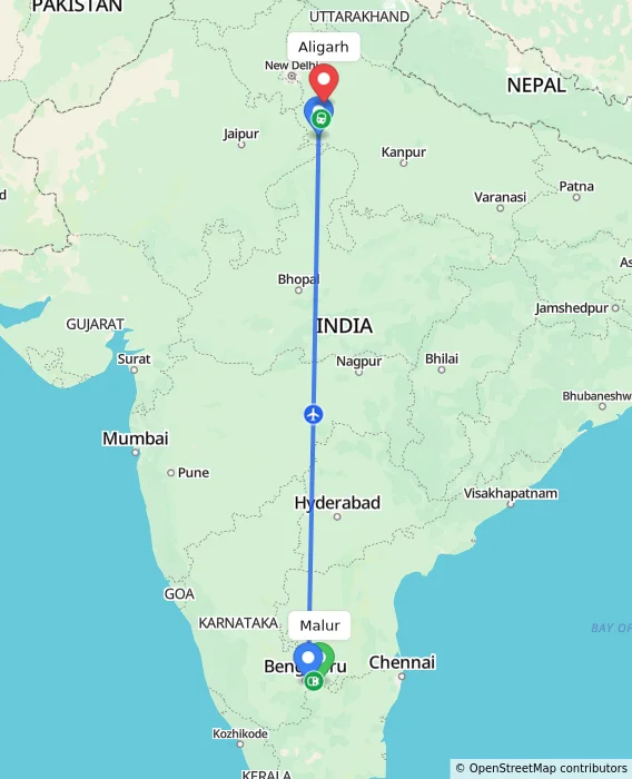 Route map showing distance and travel time from Malur, India to Aligarh, India