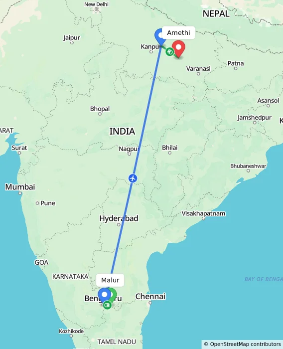 Route map showing distance and travel time from Malur, India to Amethi, India