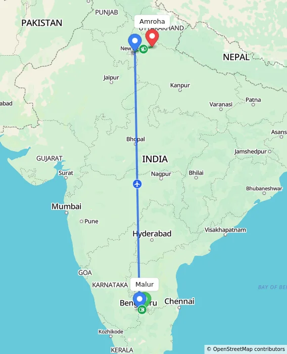 Route map showing distance and travel time from Malur, India to Amroha, India
