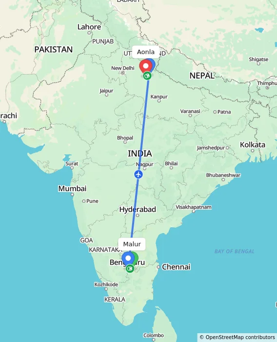 Route map showing distance and travel time from Malur, India to Aonla, India