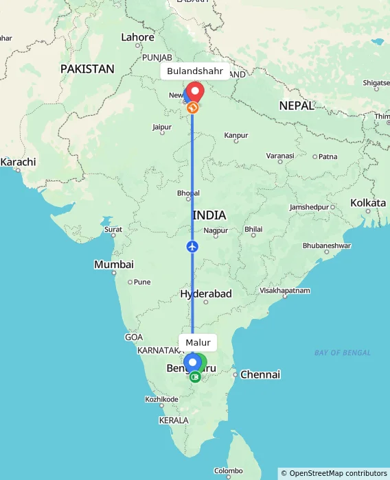 Route map showing distance and travel time from Malur, India to Bulandshahr, India