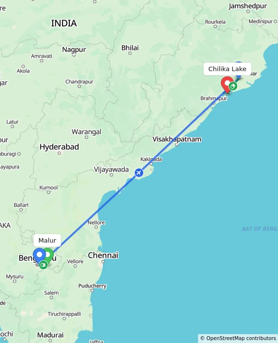 Route map showing distance and travel time from Malur, India to Chilika Lake, India