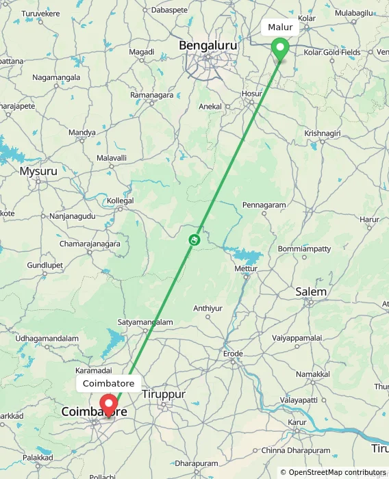 Route map showing distance and travel time from Malur, India to Coimbatore, India