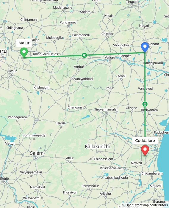 Route map showing distance and travel time from Malur, India to Cuddalore, India