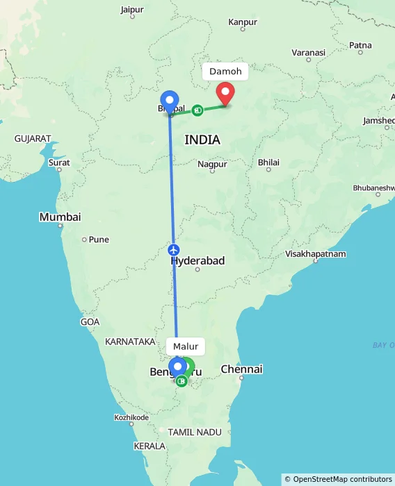 Route map showing distance and travel time from Malur, India to Damoh, India