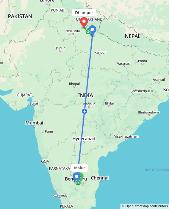 Route map showing distance and travel time from Malur, India to Dhampur, India