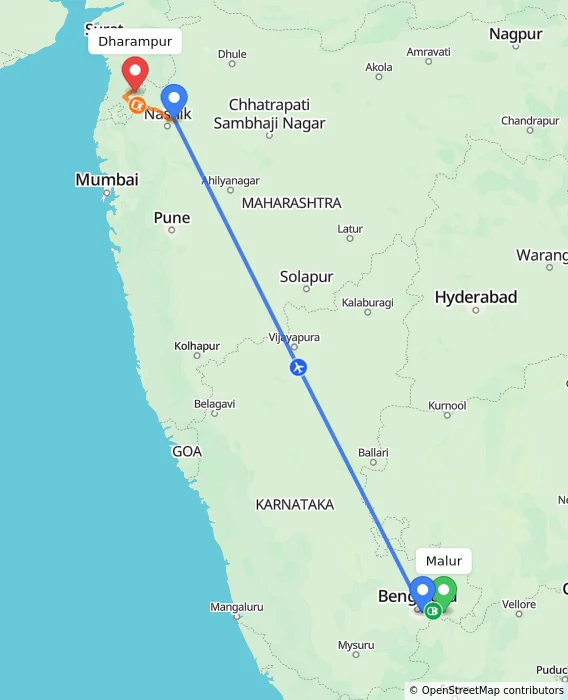 Route map showing distance and travel time from Malur, India to Dharampur, India