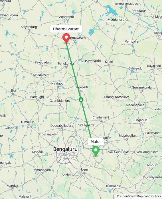 Route map showing distance and travel time from Malur, India to Dharmavaram, India