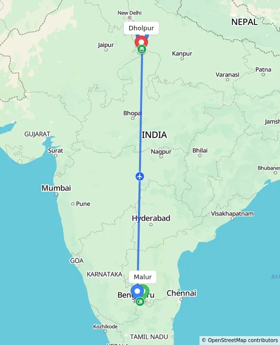 Route map showing distance and travel time from Malur, India to Dholpur, India