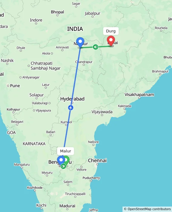 Route map showing distance and travel time from Malur, India to Durg, India