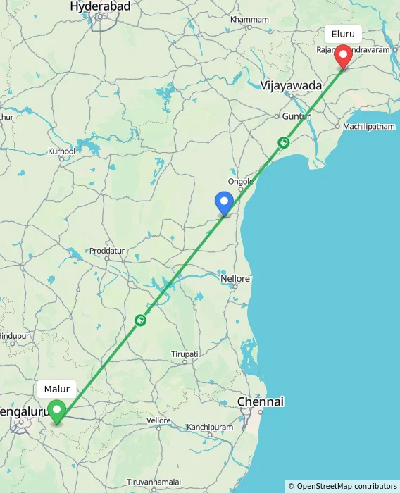 Route map showing distance and travel time from Malur, India to Eluru, India