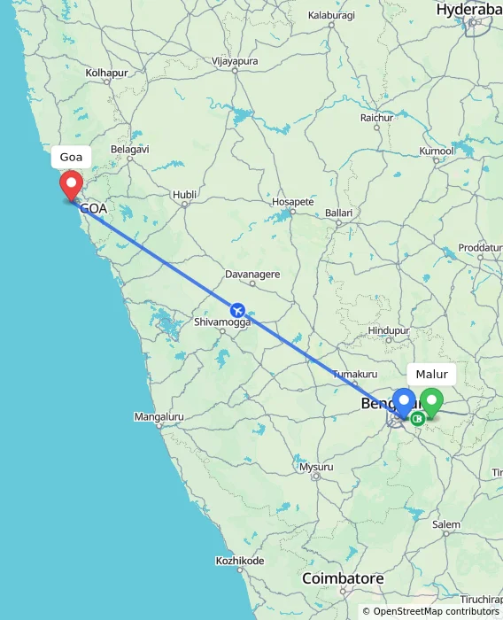 Route map showing distance and travel time from Malur, India to Goa, India