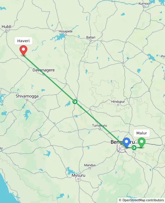 Route map showing distance and travel time from Malur, India to Haveri, India