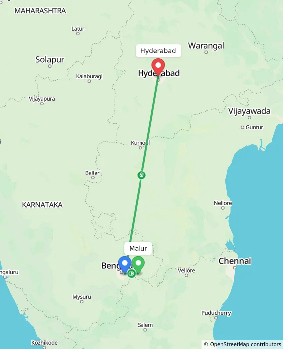 Route map showing distance and travel time from Malur, India to Hyderabad, India
