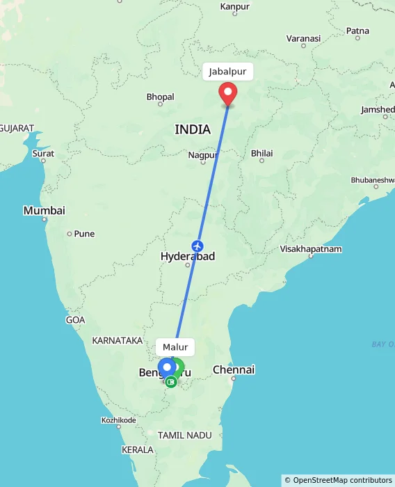 Route map showing distance and travel time from Malur, India to Jabalpur, India