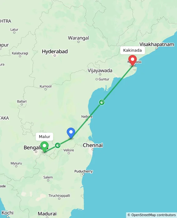 Route map showing distance and travel time from Malur, India to Kakinada, India