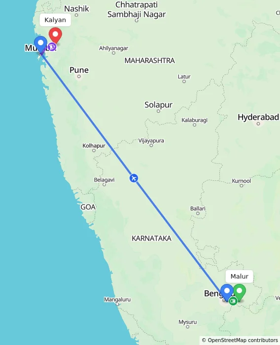Route map showing distance and travel time from Malur, India to Kalyan, India