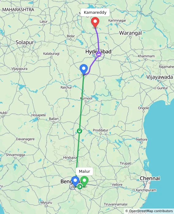 Route map showing distance and travel time from Malur, India to Kamareddy, India