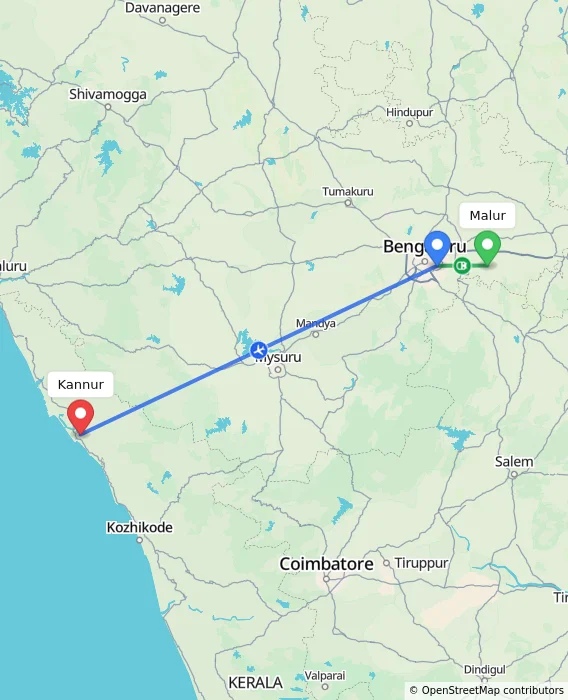 Route map showing distance and travel time from Malur, India to Kannur, India