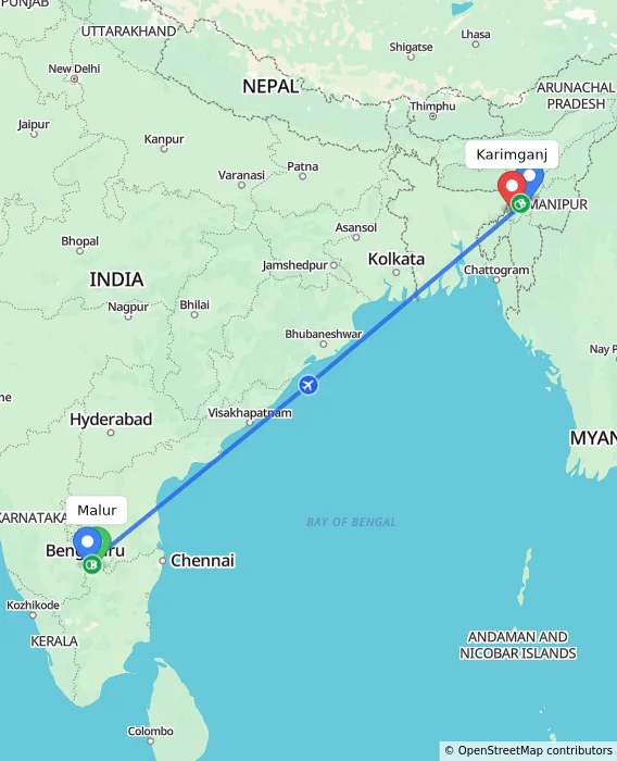 Route map showing distance and travel time from Malur, India to Karimganj, India