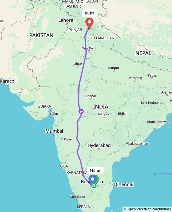Route map showing distance and travel time from Malur, India to Kufri, India