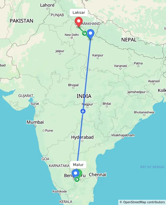 Route map showing distance and travel time from Malur, India to Laksar, India