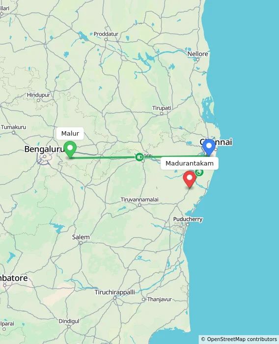 Route map showing distance and travel time from Malur, India to Madurantakam, India