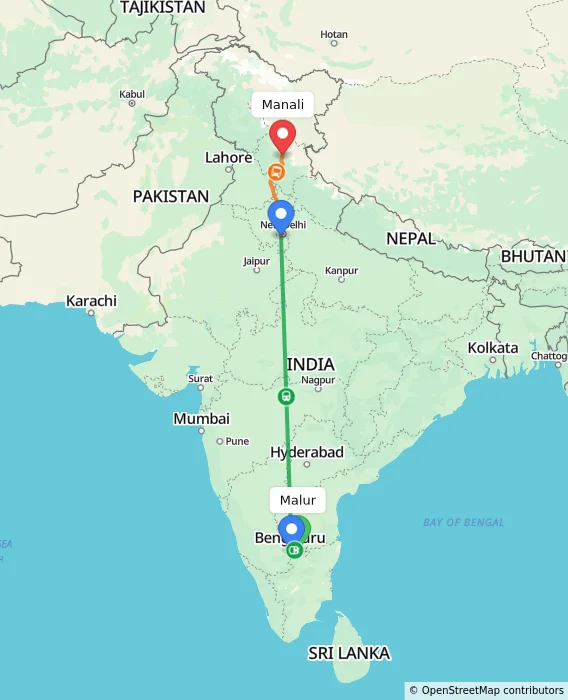 Route map showing distance and travel time from Malur, India to Manali, India