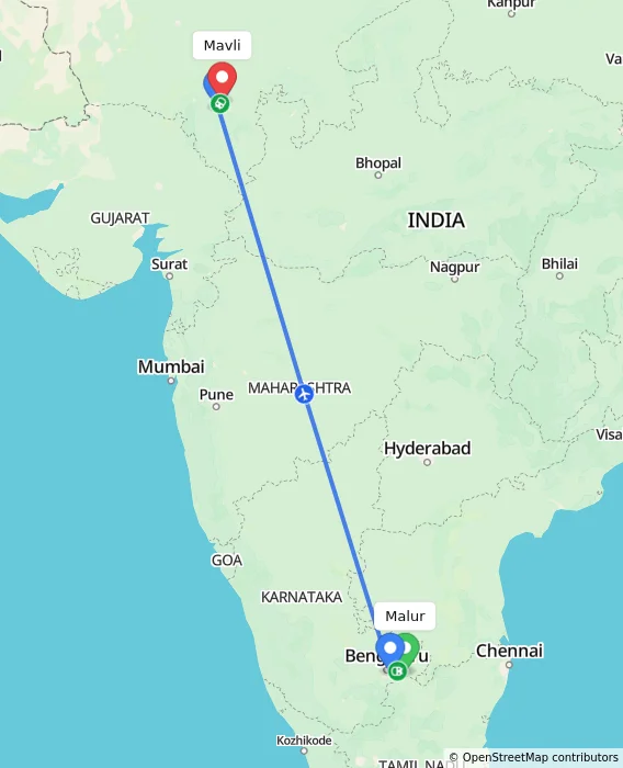 Route map showing distance and travel time from Malur, India to Mavli, India